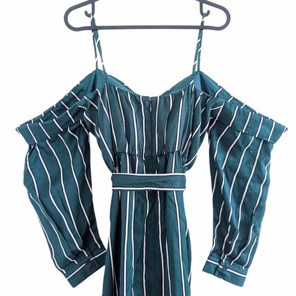 Bardot Paloma Teal Green Striped Cold Shoulder Dress US Size 6 (Small) - Picture 5 of 10